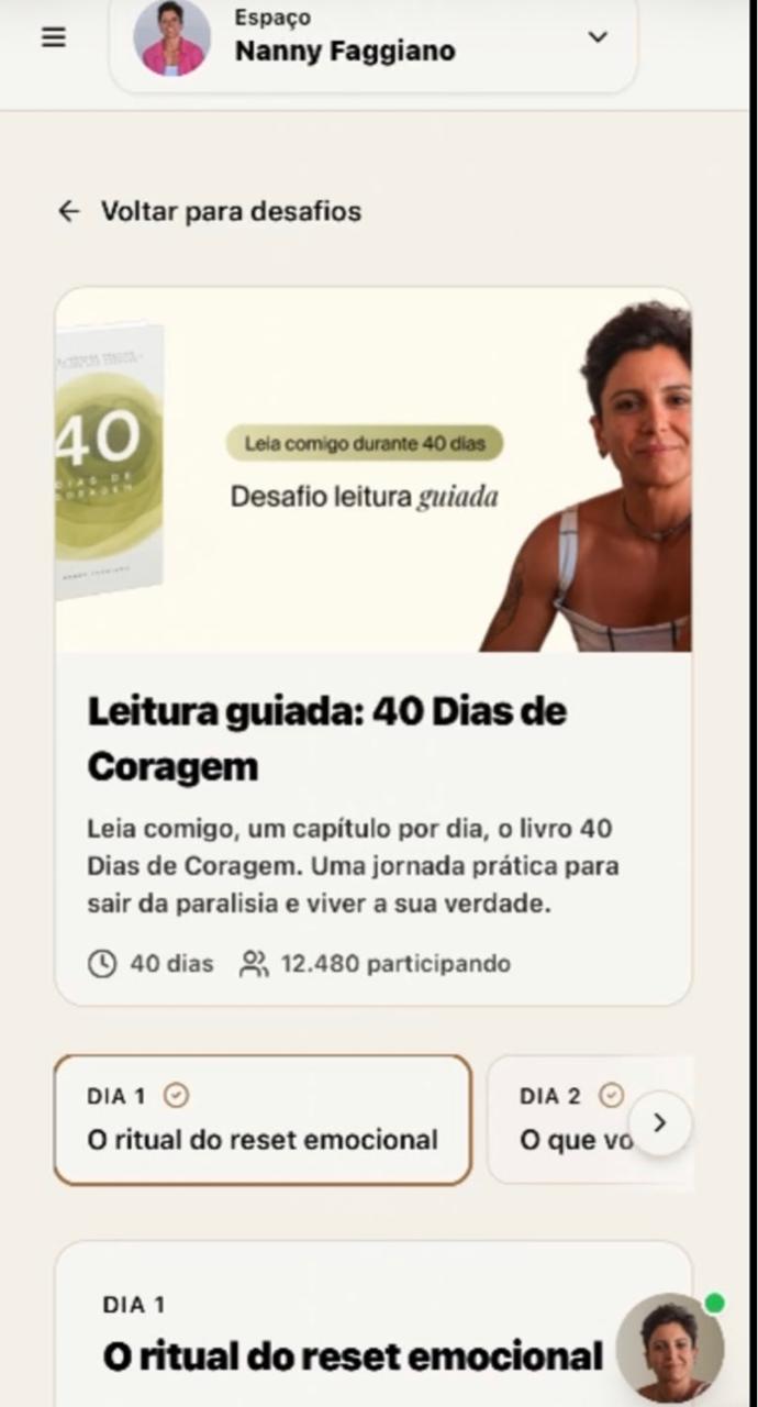 Espaço Nanny Faggiano na plataforma, com o desafio Leitura guiada: 40 Dias de Coragem e a lista dos dias