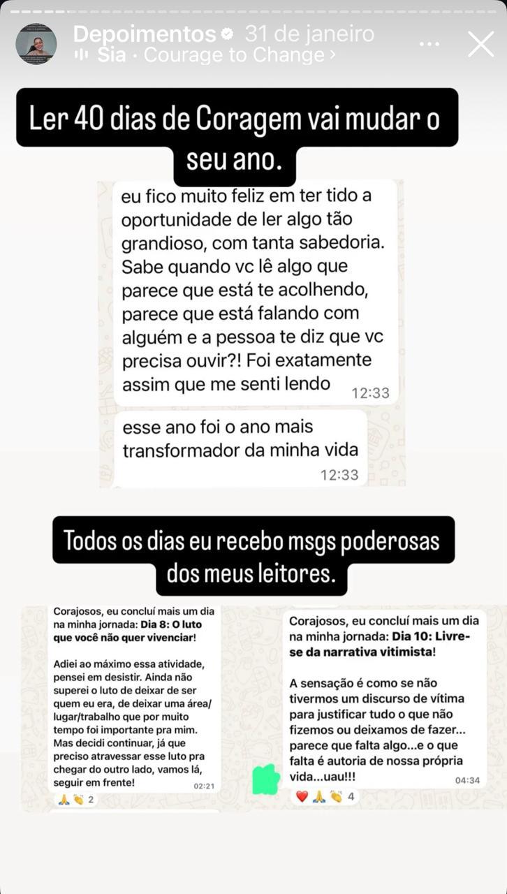 Depoimento em story do Instagram: ler 40 Dias de Coragem vai mudar o seu ano
