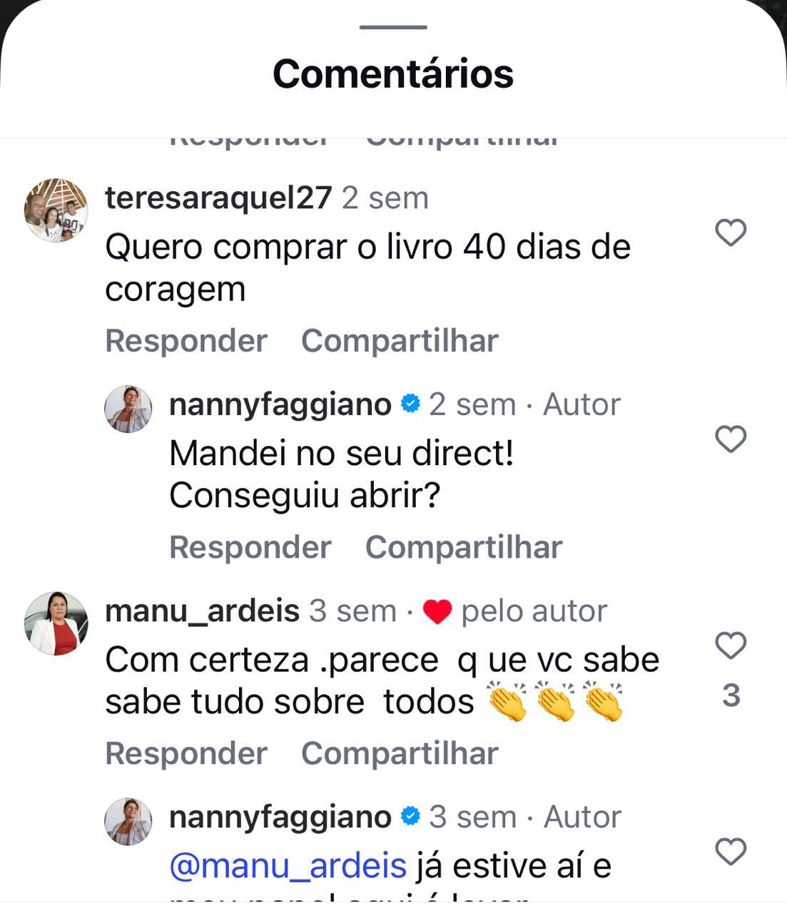 Comentário no Instagram sobre querer comprar o livro 40 Dias de Coragem