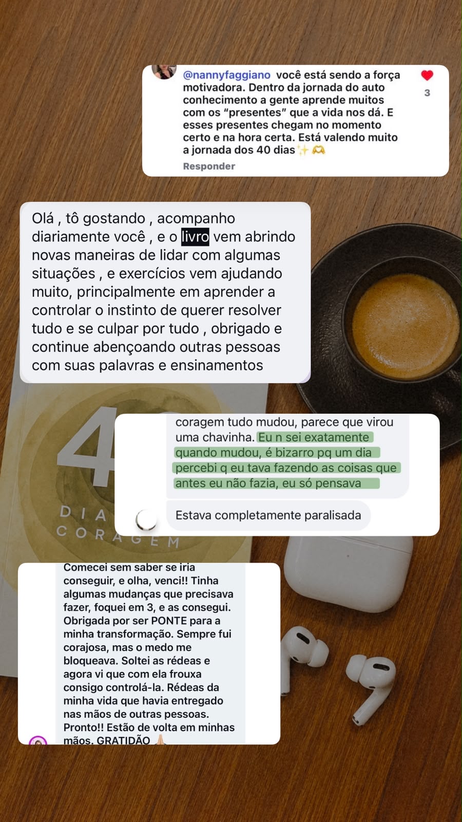 Mensagens reais de WhatsApp sobre o impacto do livro 40 Dias de Coragem